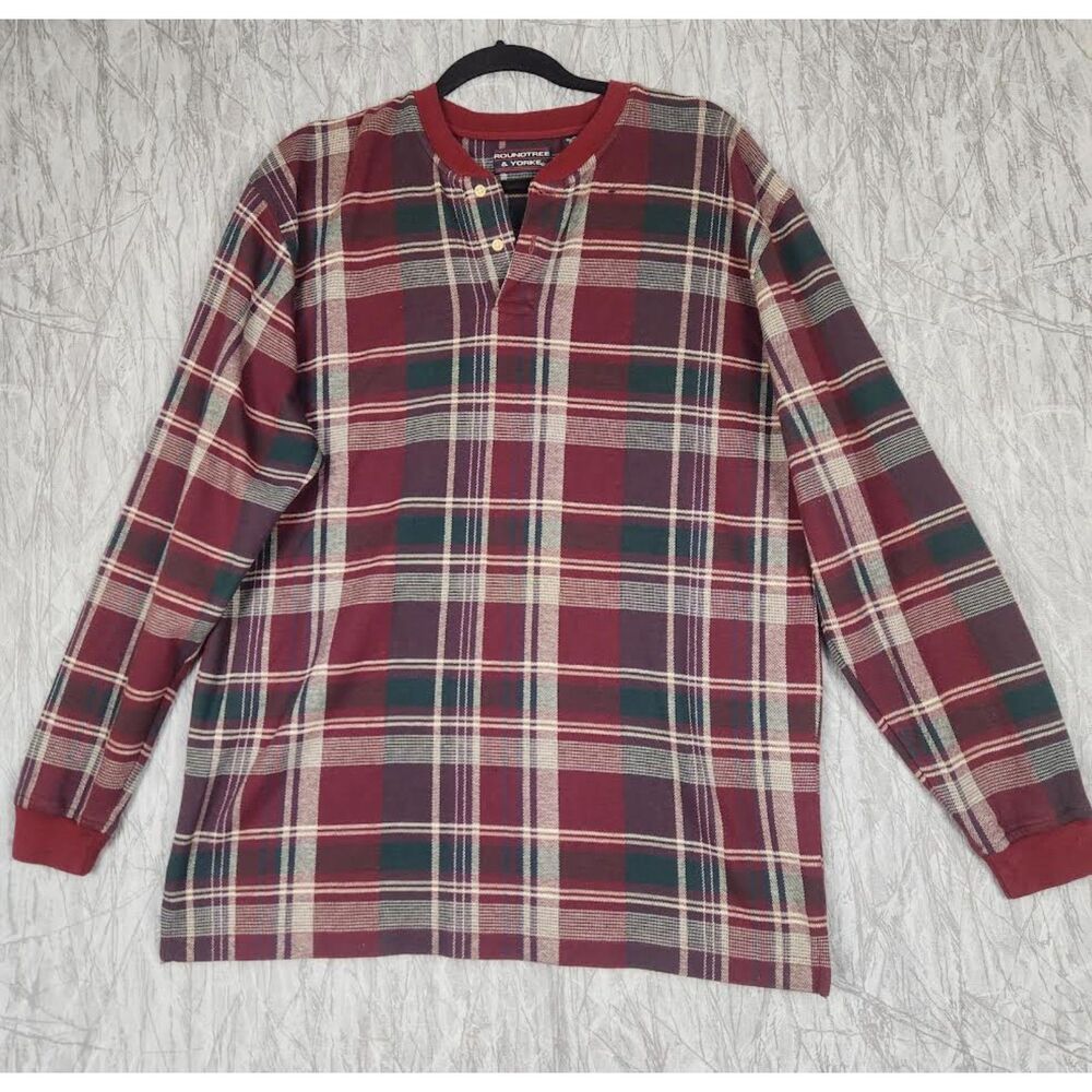 Roundtree & Yorke Men's Henley Burgundy Plaid Shirt Size XL Retro Minimalist